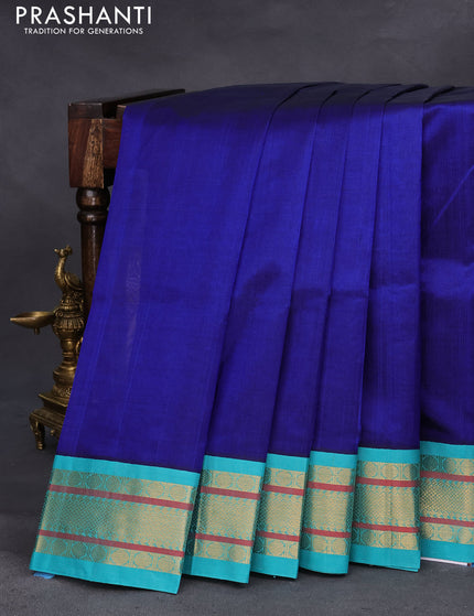 Silk cotton saree blue and teal blue with plain body and zari woven korvai border