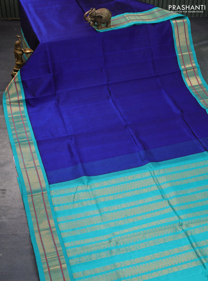 Silk cotton saree blue and teal blue with plain body and zari woven korvai border