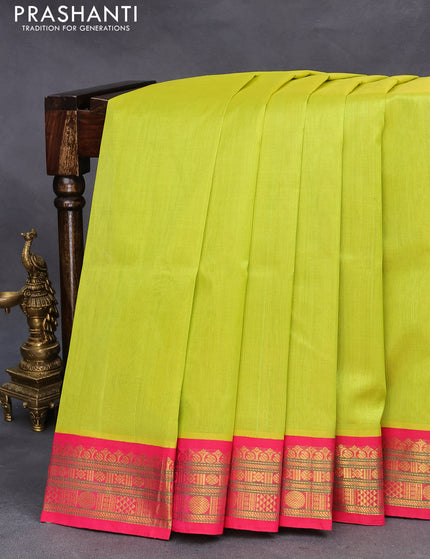 Silk cotton saree lime green and pink with plain body and zari woven korvai border