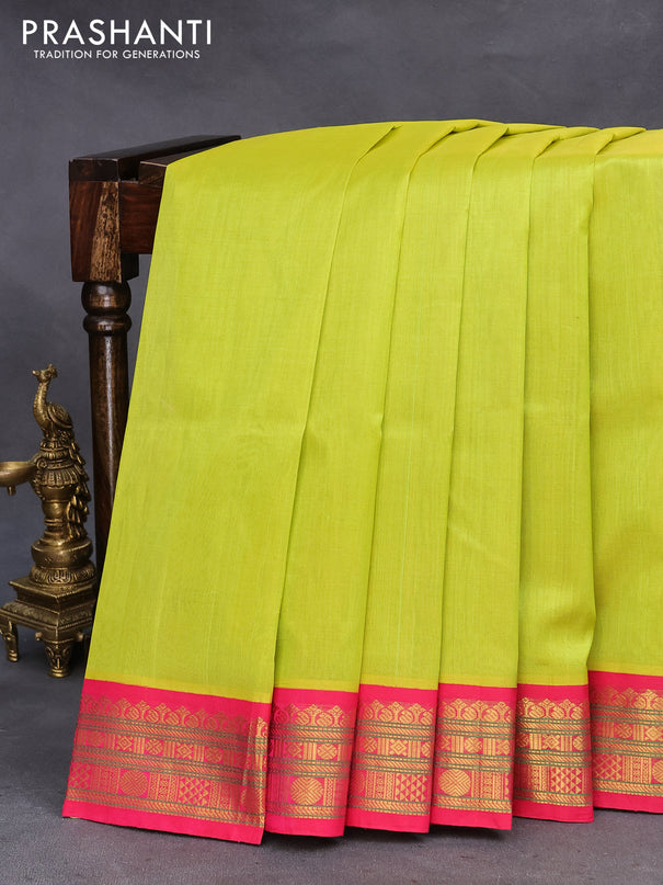 Silk cotton saree lime green and pink with plain body and zari woven korvai border