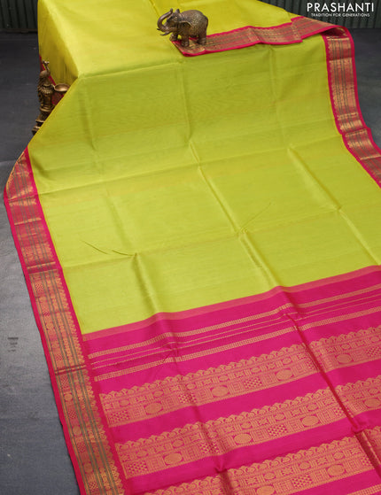 Silk cotton saree lime green and pink with plain body and zari woven korvai border