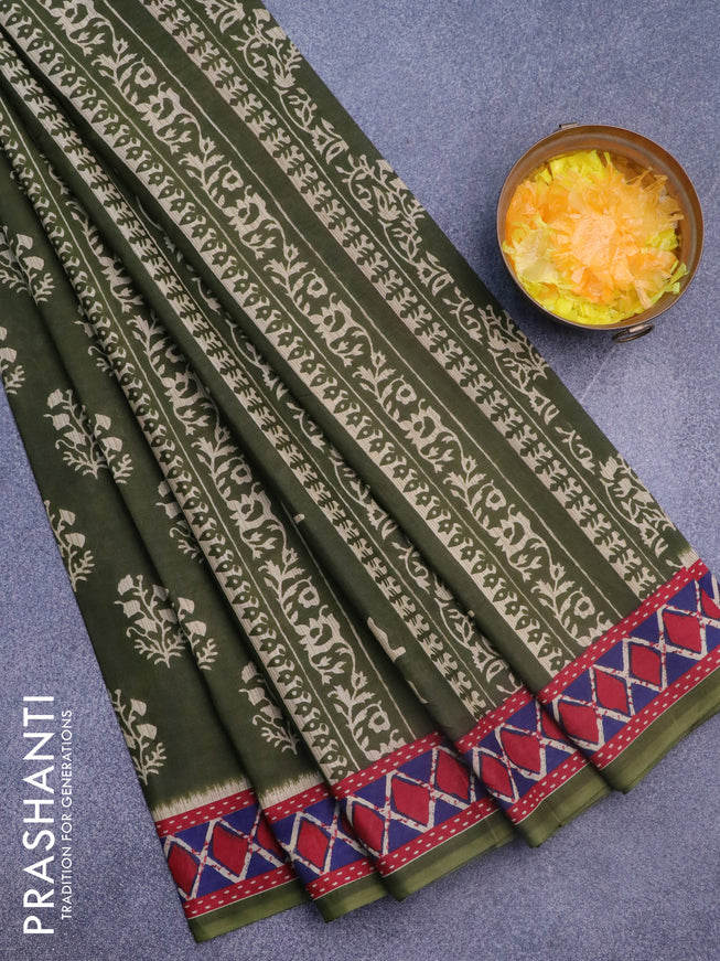 Muslin cotton saree sap green and red with butta prints and printed border