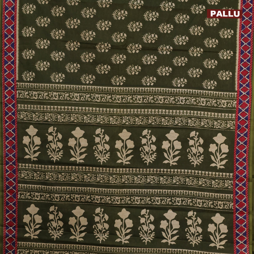 Muslin cotton saree sap green and red with butta prints and printed border