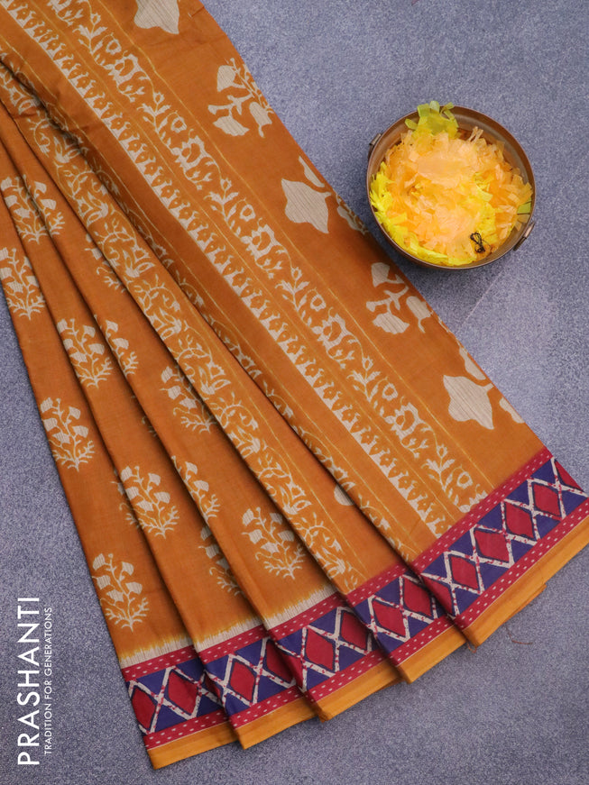 Muslin cotton saree mustard yellow and red with butta prints and printed border