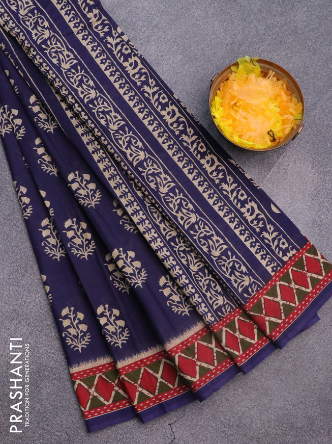 Muslin cotton saree blue and maroon with butta prints and printed border