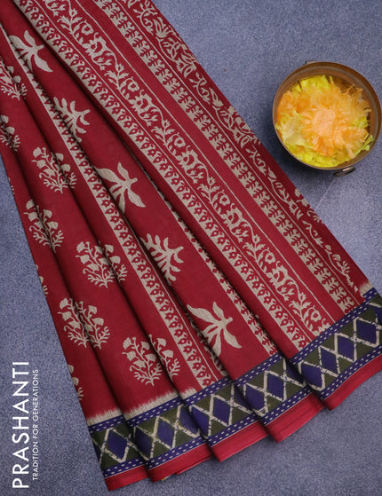 Muslin cotton saree maroon and blue with butta prints and printed border