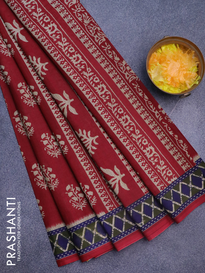 Muslin cotton saree maroon and blue with butta prints and printed border