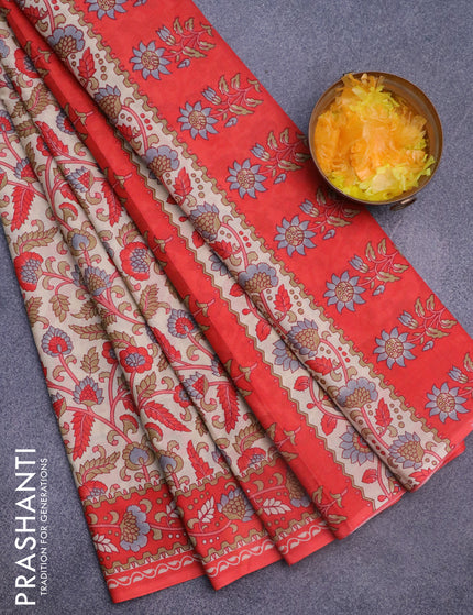 Muslin cotton saree cream and orange with allover kalamkari prints and printed border