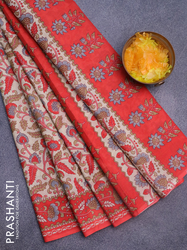 Muslin cotton saree cream and orange with allover kalamkari prints and printed border