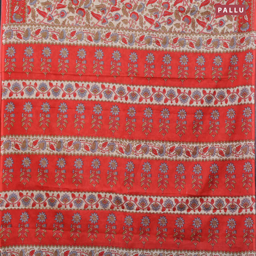 Muslin cotton saree cream and orange with allover kalamkari prints and printed border