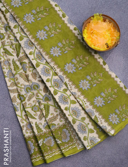 Muslin cotton saree cream and mehendi green with allover kalamkari prints and printed border