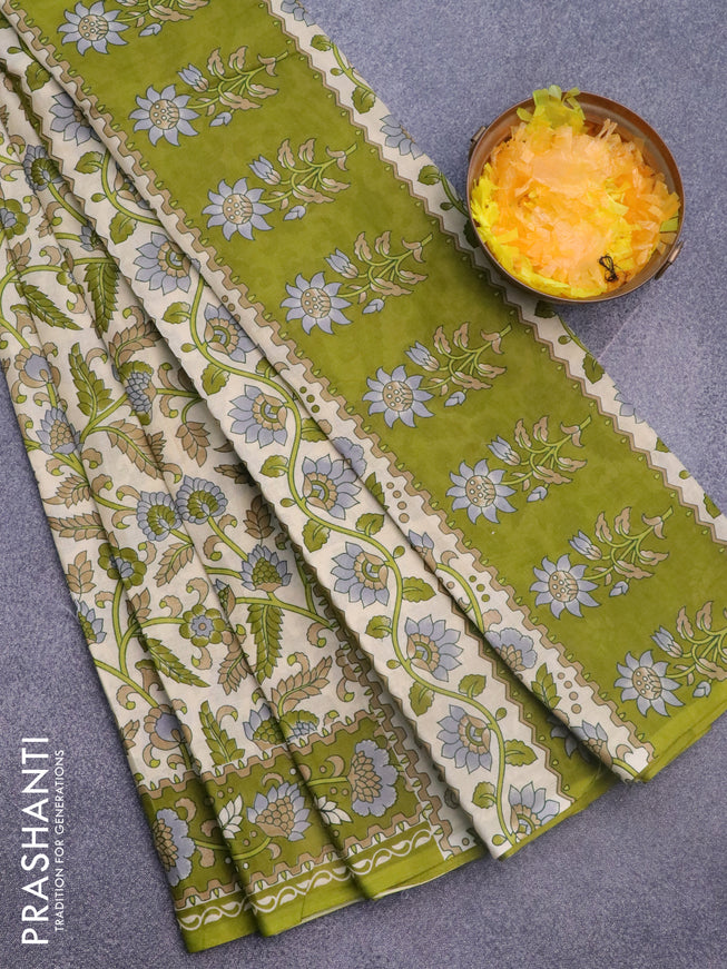 Muslin cotton saree cream and mehendi green with allover kalamkari prints and printed border