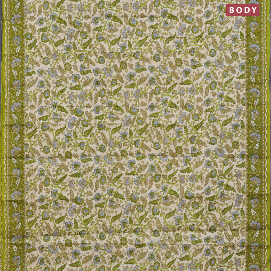 Muslin cotton saree cream and mehendi green with allover kalamkari prints and printed border