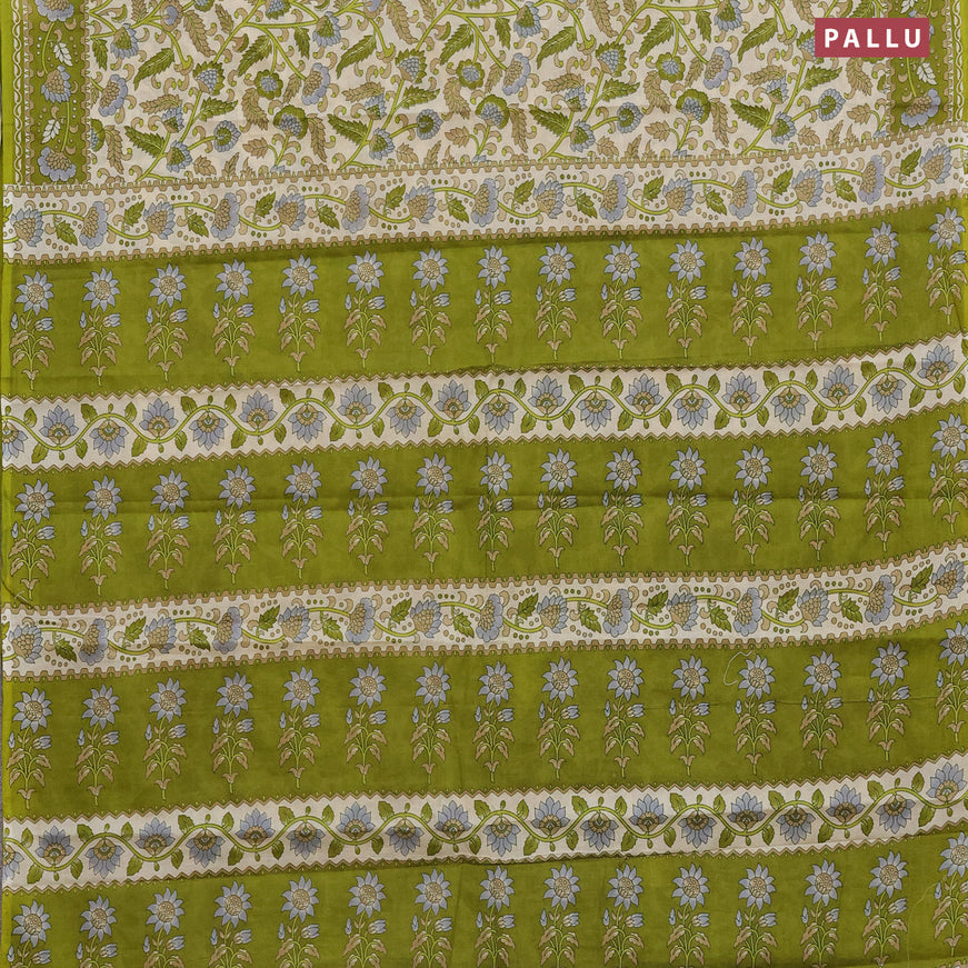 Muslin cotton saree cream and mehendi green with allover kalamkari prints and printed border