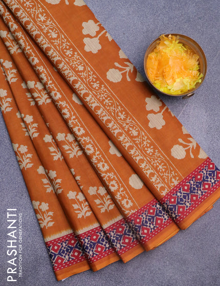 Muslin cotton saree dark mustard with allover floral butta prints and printed border