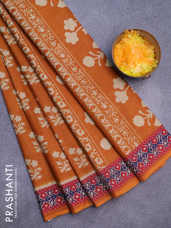 Muslin cotton saree dark mustard with allover floral butta prints and printed border