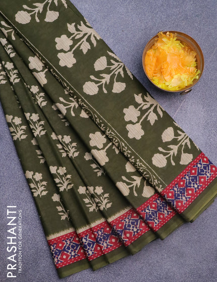 Muslin cotton saree sap green and red with allover floral butta prints and printed border