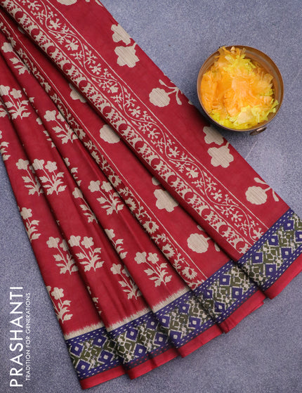 Muslin cotton saree red and blue with allover floral butta prints and printed border