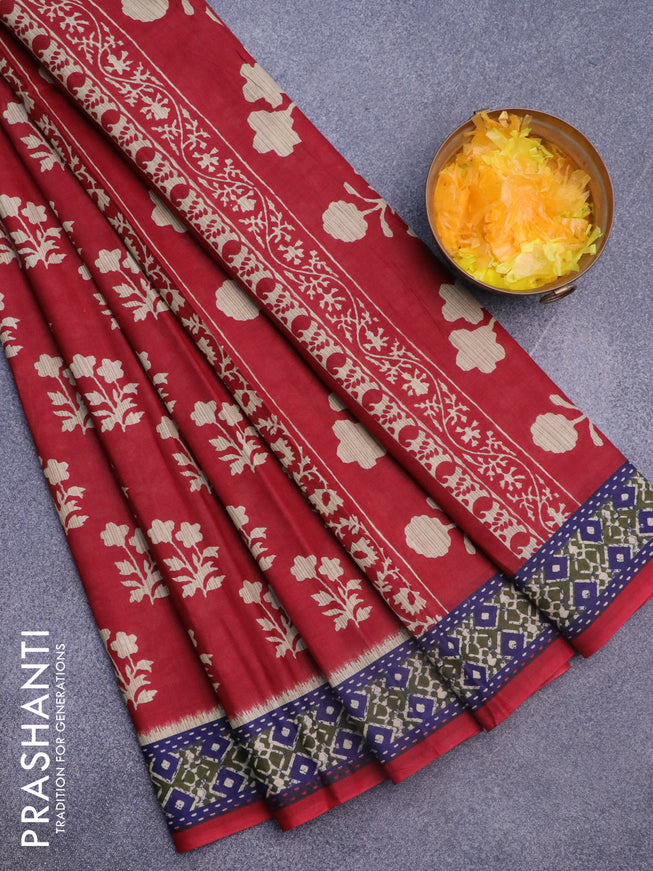 Muslin cotton saree red and blue with allover floral butta prints and printed border