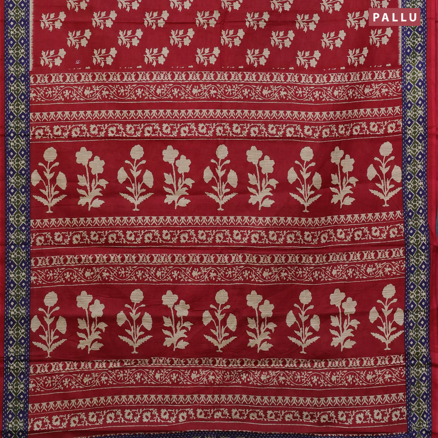 Muslin cotton saree red and blue with allover floral butta prints and printed border