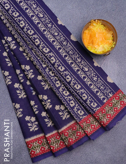 Muslin cotton saree blue and red with allover floral butta prints and printed border