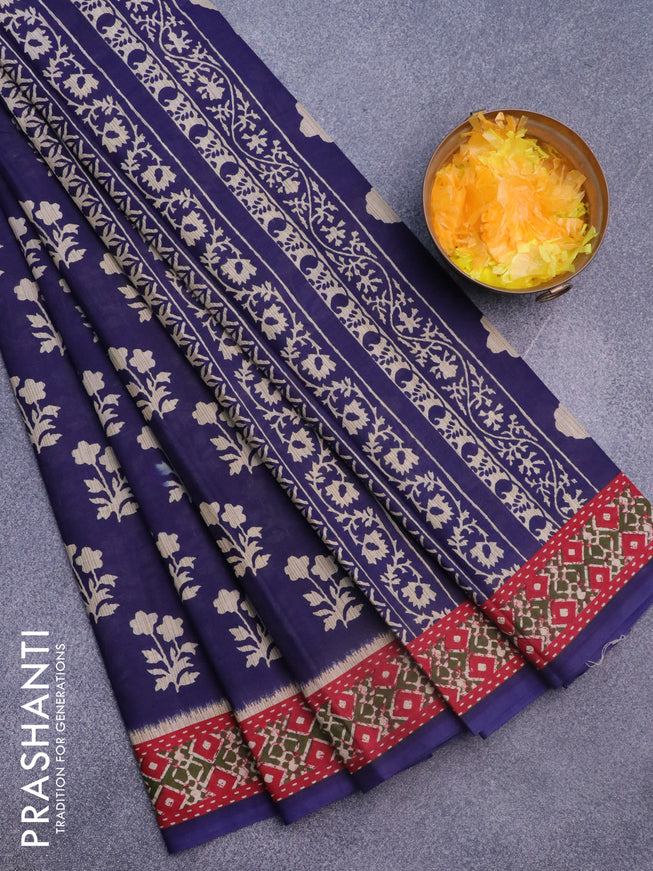 Muslin cotton saree blue and red with allover floral butta prints and printed border