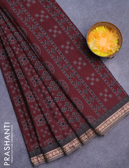 Muslin cotton saree maroon and grey with allover ikat prints and thread woven border