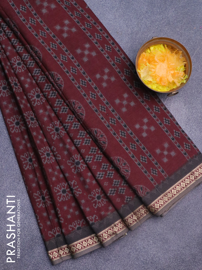 Muslin cotton saree maroon and grey with allover ikat prints and thread woven border