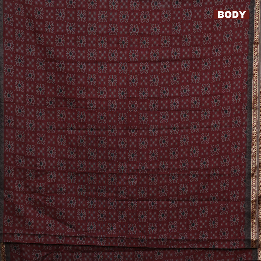 Muslin cotton saree maroon and grey with allover ikat prints and thread woven border