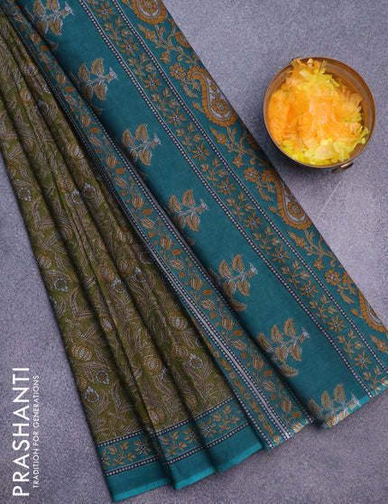 Muslin cotton saree sap green and teal green with allover kalamkari prints and printed border