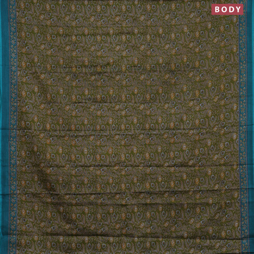 Muslin cotton saree sap green and teal green with allover kalamkari prints and printed border