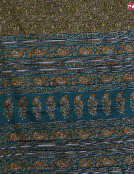 Muslin cotton saree sap green and teal green with allover kalamkari prints and printed border