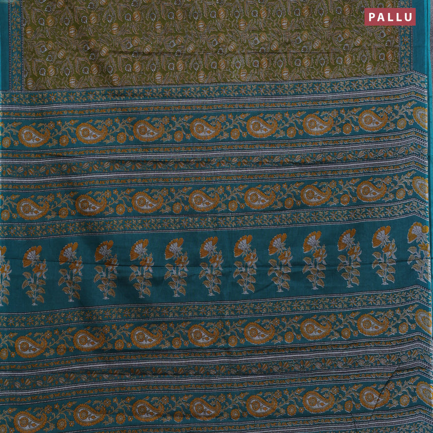 Muslin cotton saree sap green and teal green with allover kalamkari prints and printed border