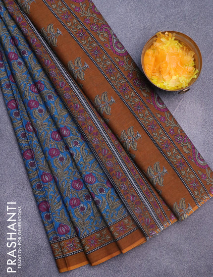 Muslin cotton saree blue and dark mustard with allover kalamkari prints and printed border