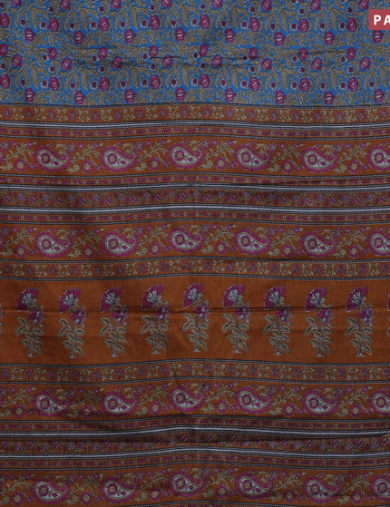 Muslin cotton saree blue and dark mustard with allover kalamkari prints and printed border