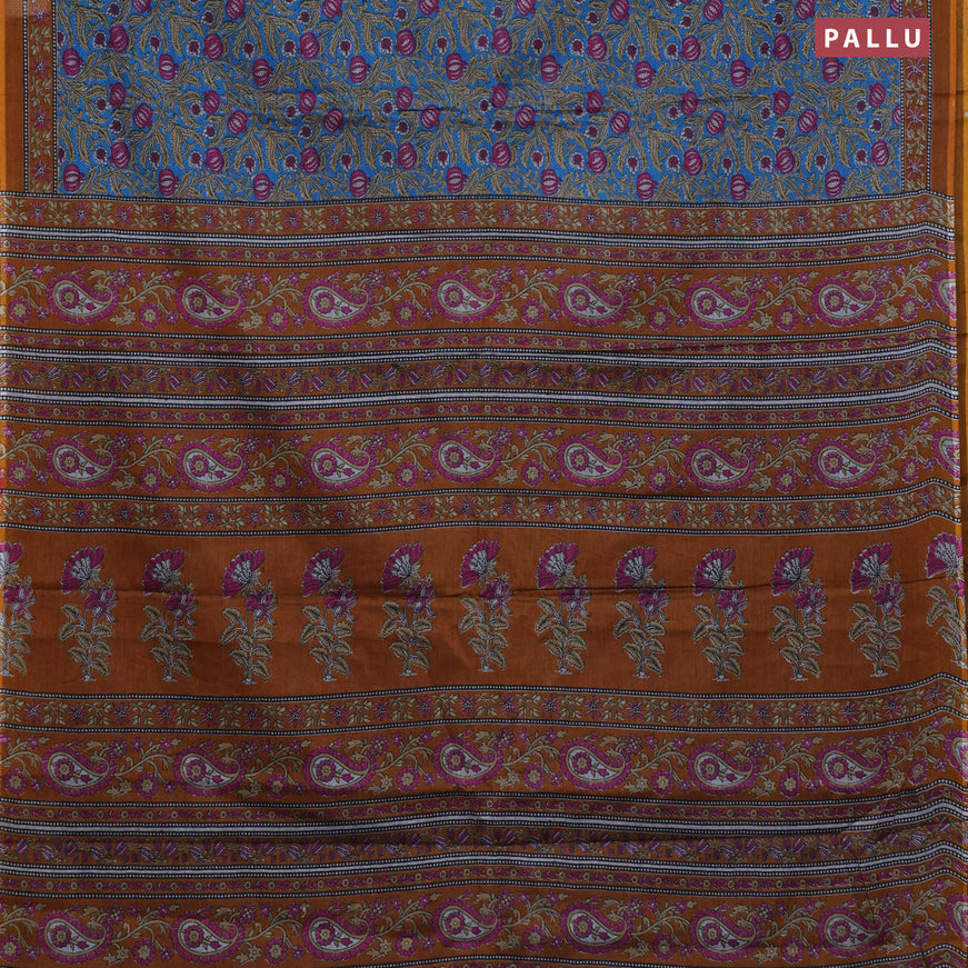 Muslin cotton saree blue and dark mustard with allover kalamkari prints and printed border