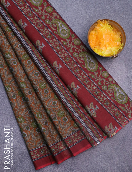 Muslin cotton saree dark mustard and maroon with allover kalamkari prints and printed border