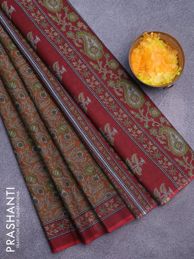 Muslin cotton saree dark mustard and maroon with allover kalamkari prints and printed border