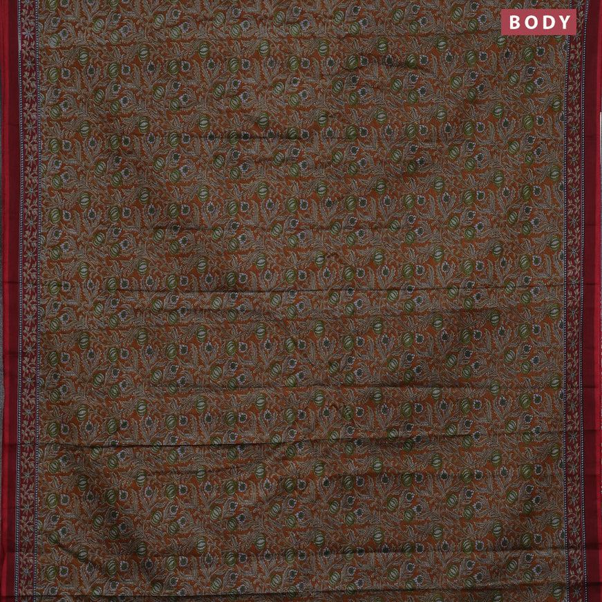 Muslin cotton saree dark mustard and maroon with allover kalamkari prints and printed border