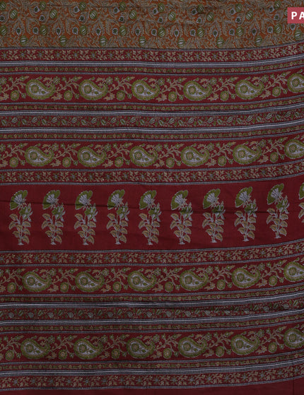 Muslin cotton saree dark mustard and maroon with allover kalamkari prints and printed border