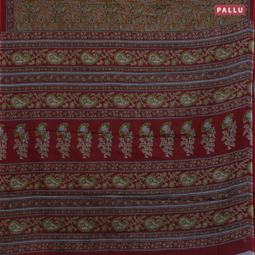 Muslin cotton saree dark mustard and maroon with allover kalamkari prints and printed border