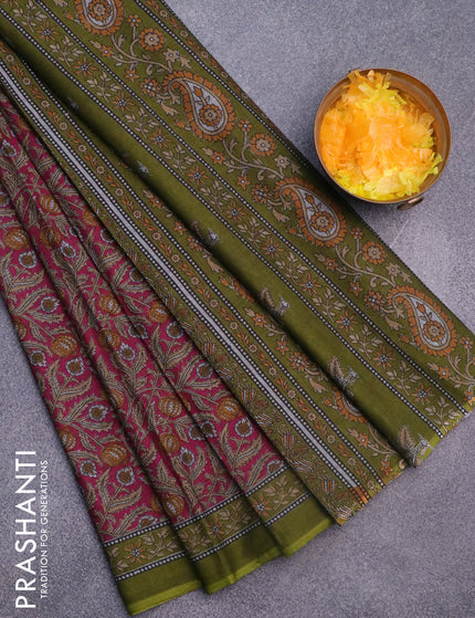 Muslin cotton saree magenta pink and mehendi green with allover kalamkari prints and printed border