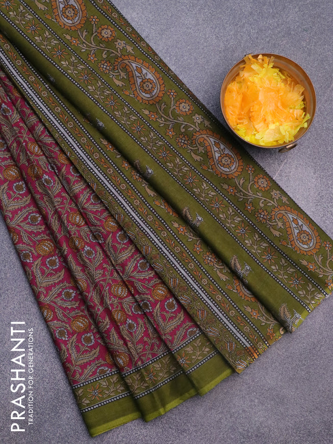 Muslin cotton saree magenta pink and mehendi green with allover kalamkari prints and printed border