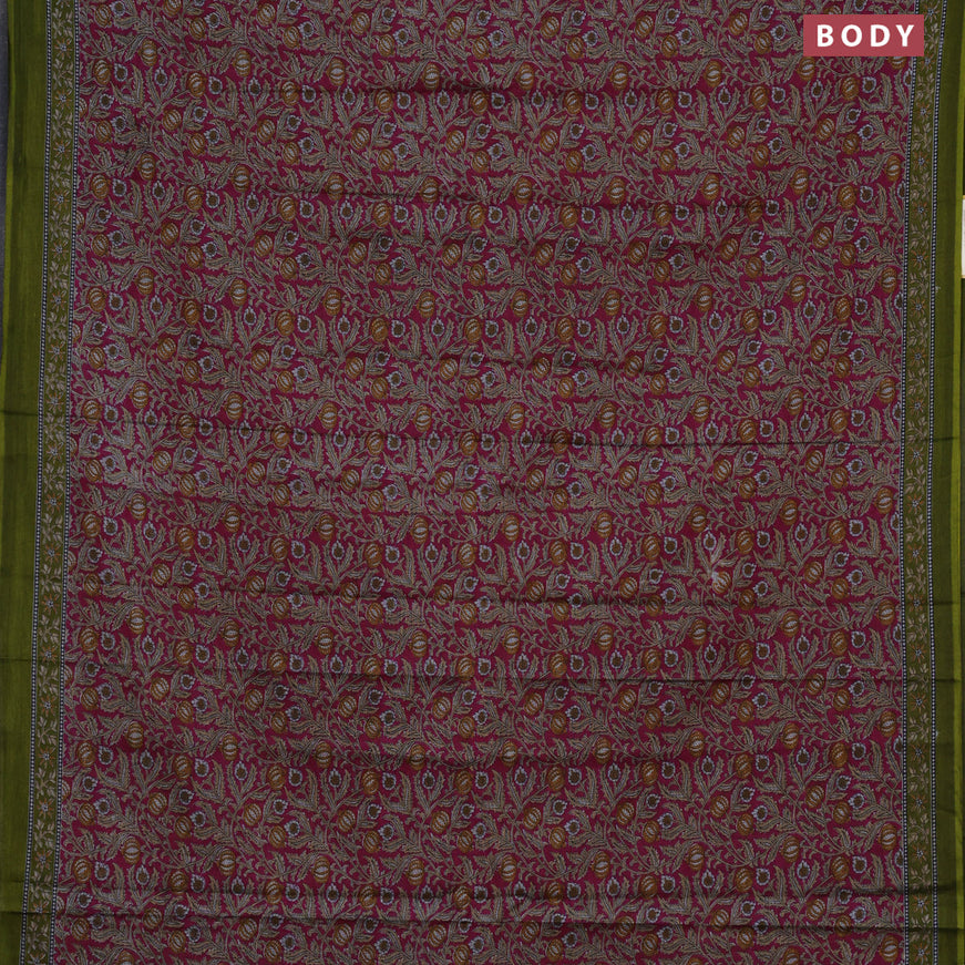 Muslin cotton saree magenta pink and mehendi green with allover kalamkari prints and printed border