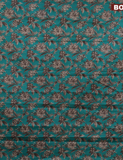 Muslin cotton saree teal green and grey with allover prints and small zari woven border