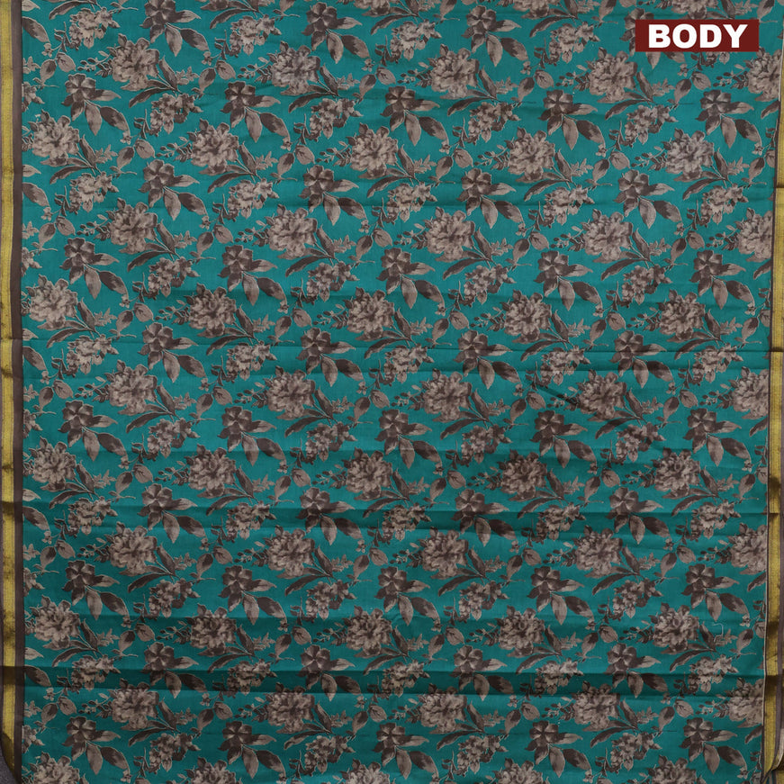 Muslin cotton saree teal green and grey with allover prints and small zari woven border