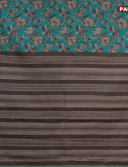 Muslin cotton saree teal green and grey with allover prints and small zari woven border