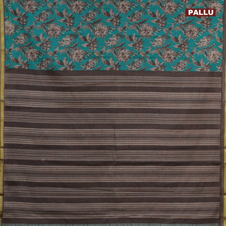 Muslin cotton saree teal green and grey with allover prints and small zari woven border