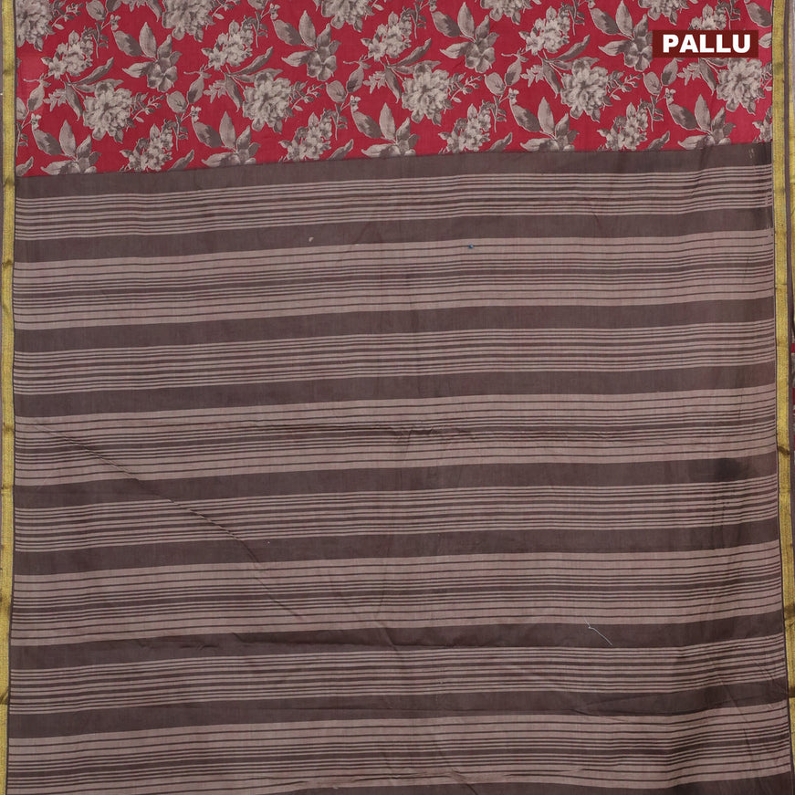 Muslin cotton saree maroon and grey with allover prints and small zari woven border