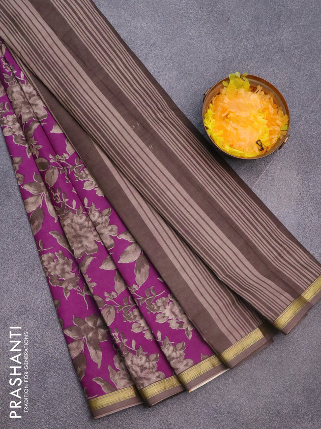 Muslin cotton saree purple and grey with allover prints and small zari woven border